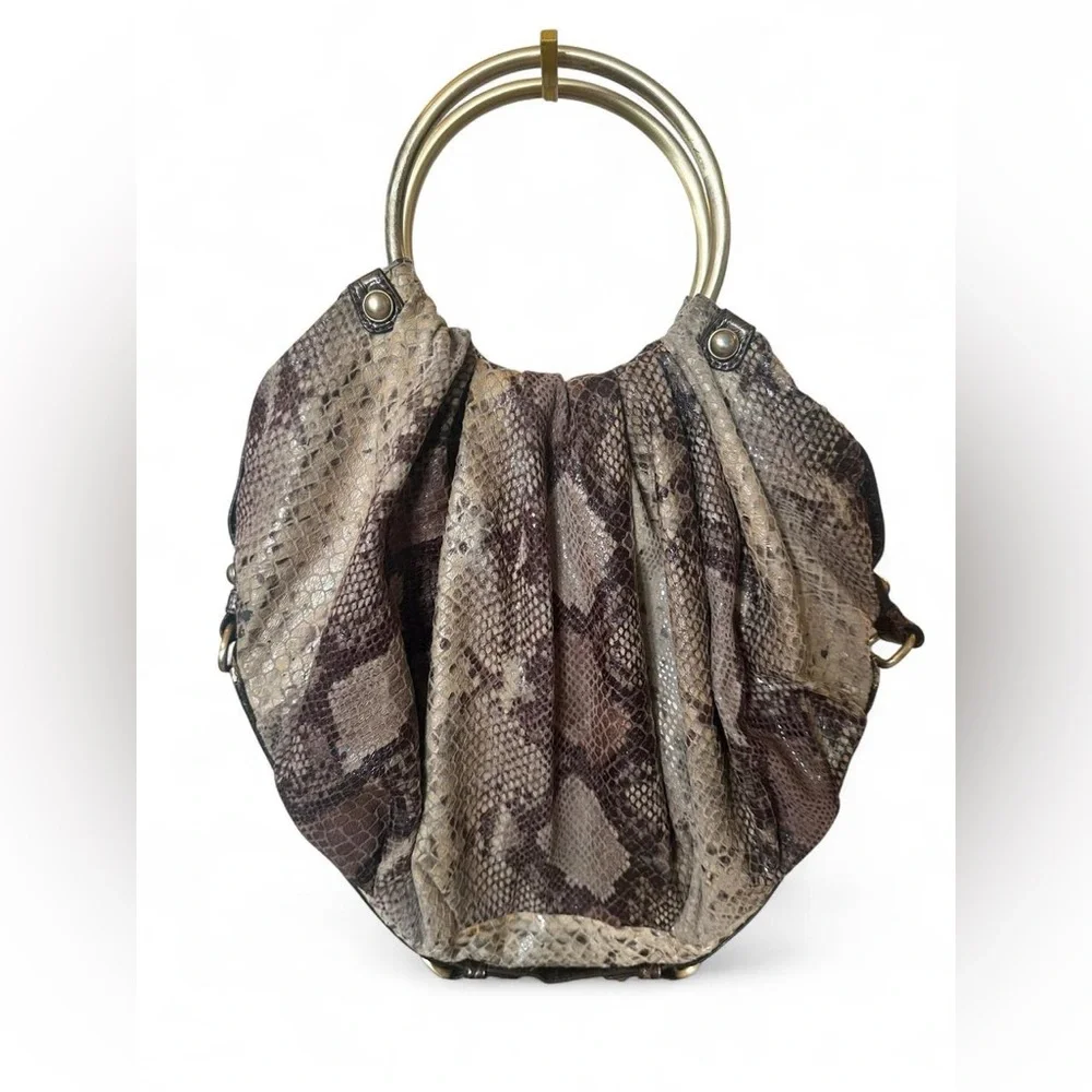 Marciano by Guess Snakeprint Ring Handle Purse Gold Hardware Neutral Brown Gray